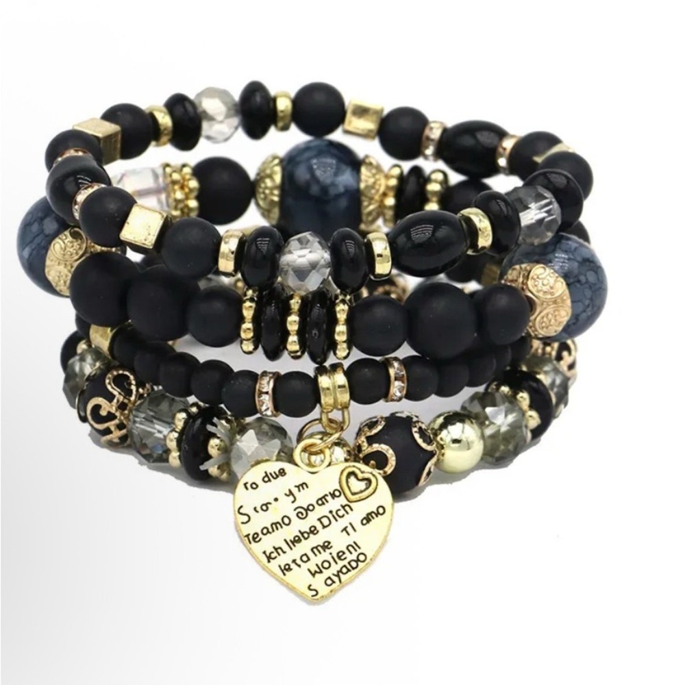 Black Gold Beaded Stackable Bracelet Set Heart Charm 4pc NEW